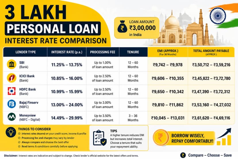 3 Lakh Personal Loan Interest Rate Comparison