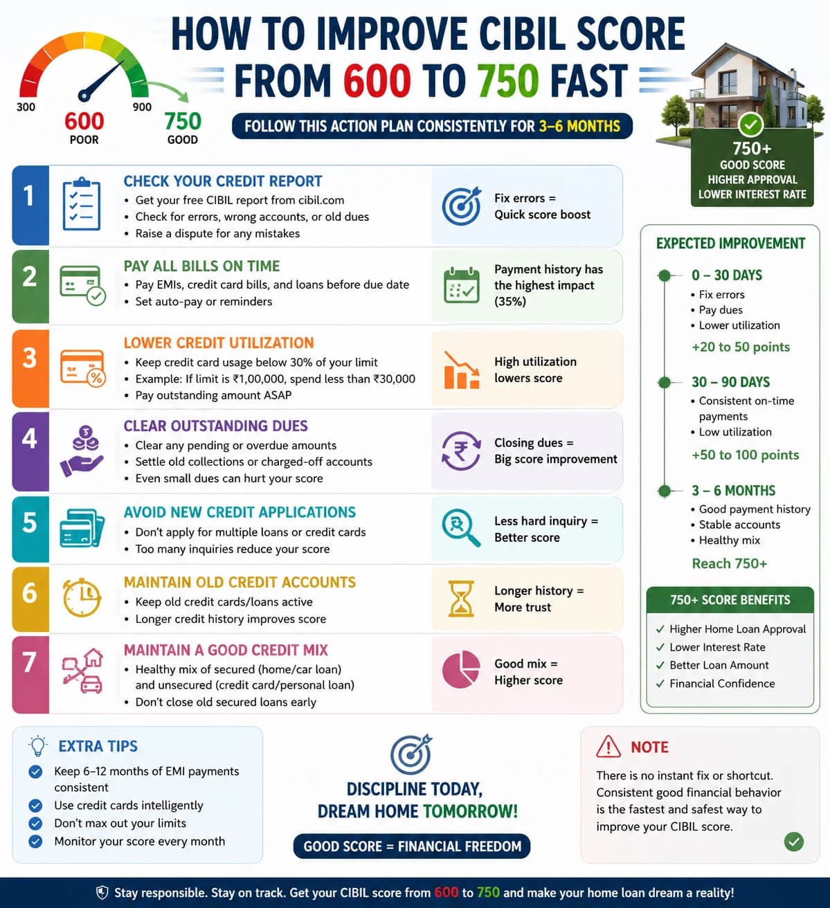 how to fix cibil score from 600 to 750 fast to get home loan