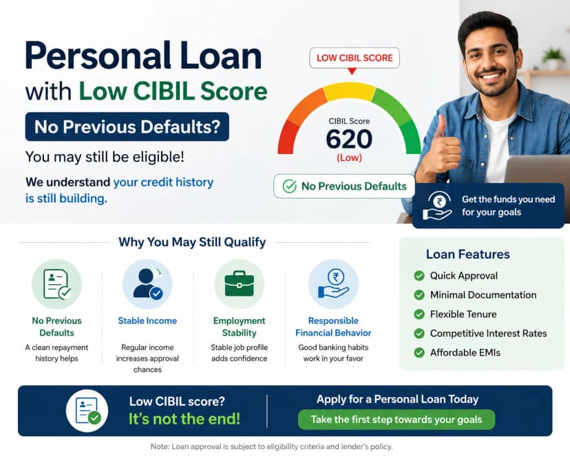 personal loan with low cibil score but no previous defaults
