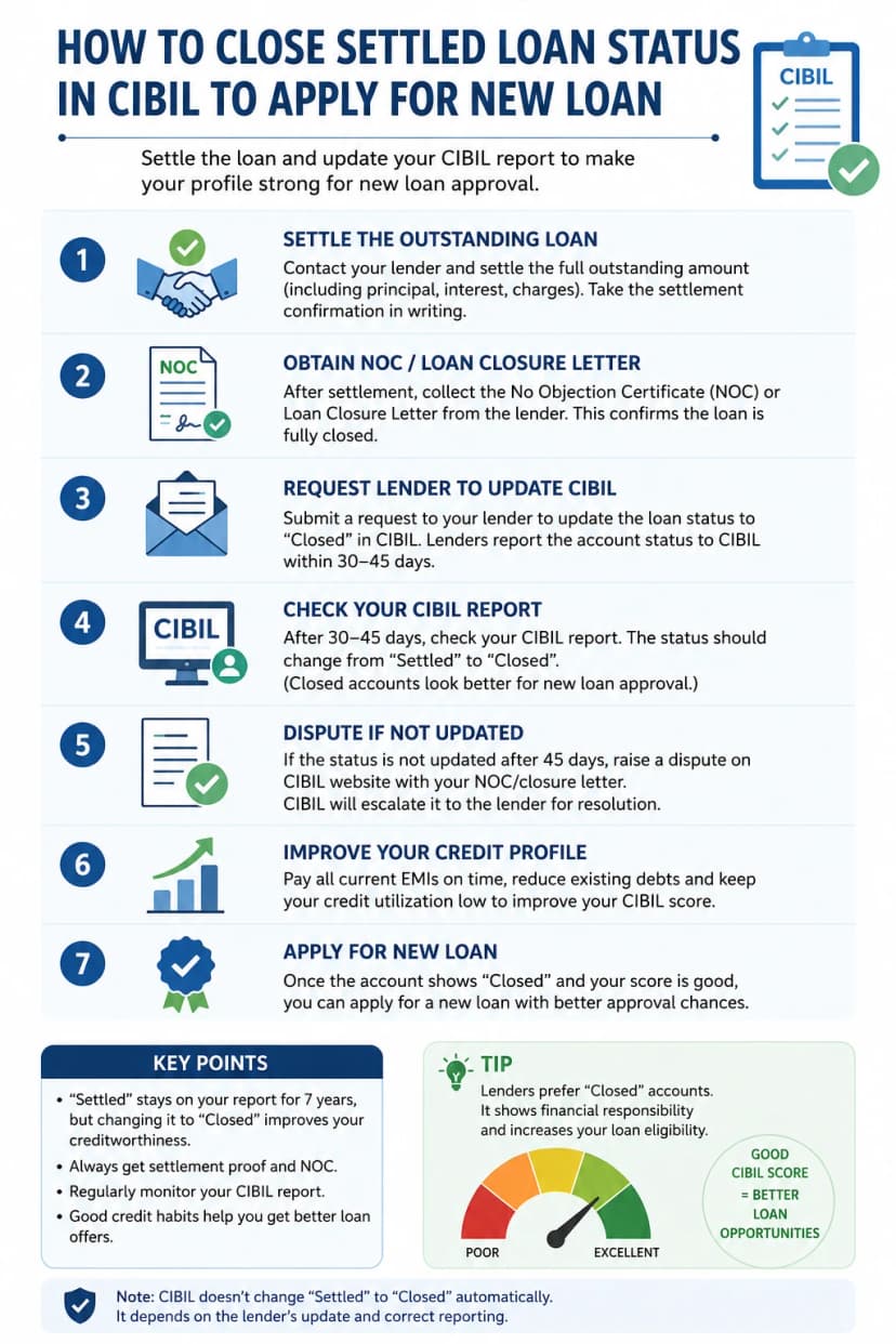 how to close settled loan status in cibil to apply for new loan