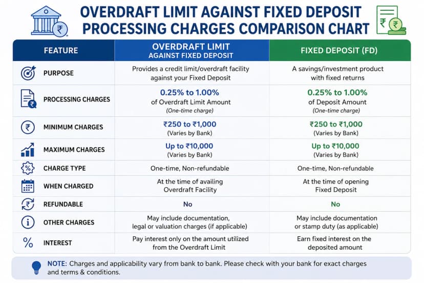 overdraft limit against fixed deposit processing charges comparison chart