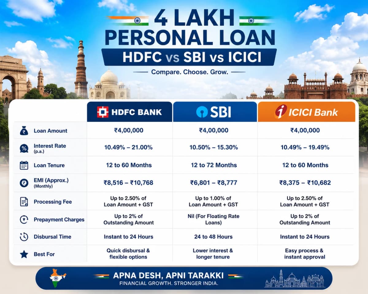 4 lakh personal loan HDFC vs SBI vs ICICI